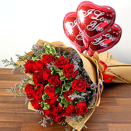 Online Bouquet Of 20 Red Roses With Balloons Gift Delivery In Uae - Fnp